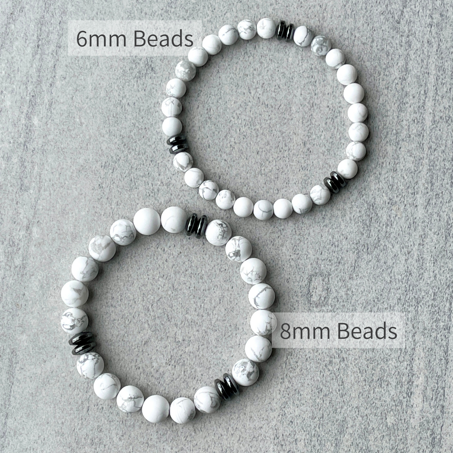 Matte White Howlite Beaded Bracelet with Black Hematite