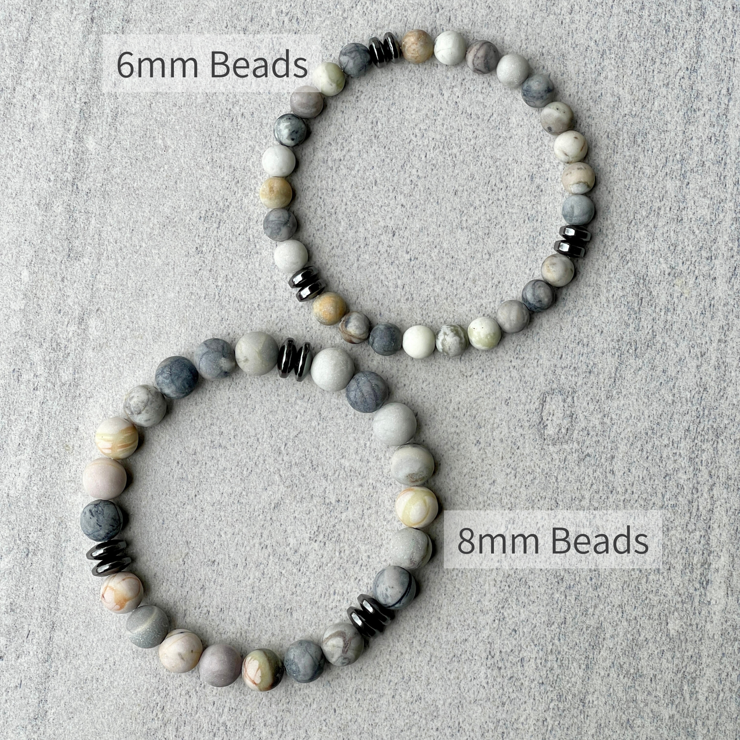 Matte Silver Picasso Jasper Beaded Bracelet with Black Hematite