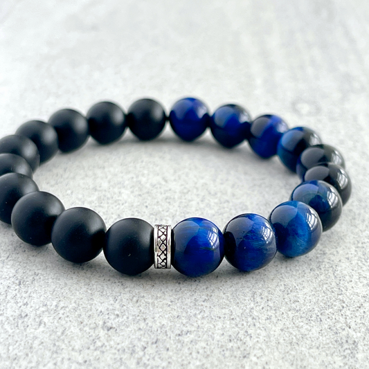 1/2 Matte Onyx and 1/2 Blue Tiger Eye Stretch Bracelet with Sterling Silver Spacer