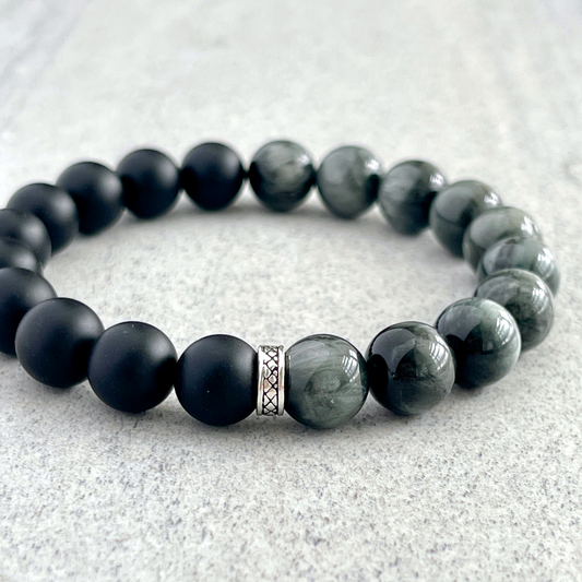 1/2 Matte Onyx and 1/2 Chrysoberyl Stretch Bracelet with Sterling Silver Spacer
