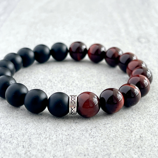 1/2 Matte Onyx and 1/2 Red Tiger Eye Stretch Bracelet with Sterling Silver Spacer