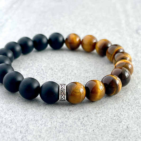 1/2 Matte Onyx and 1/2 Yellow Tiger Eye Stretch Bracelet with Sterling Silver Spacer