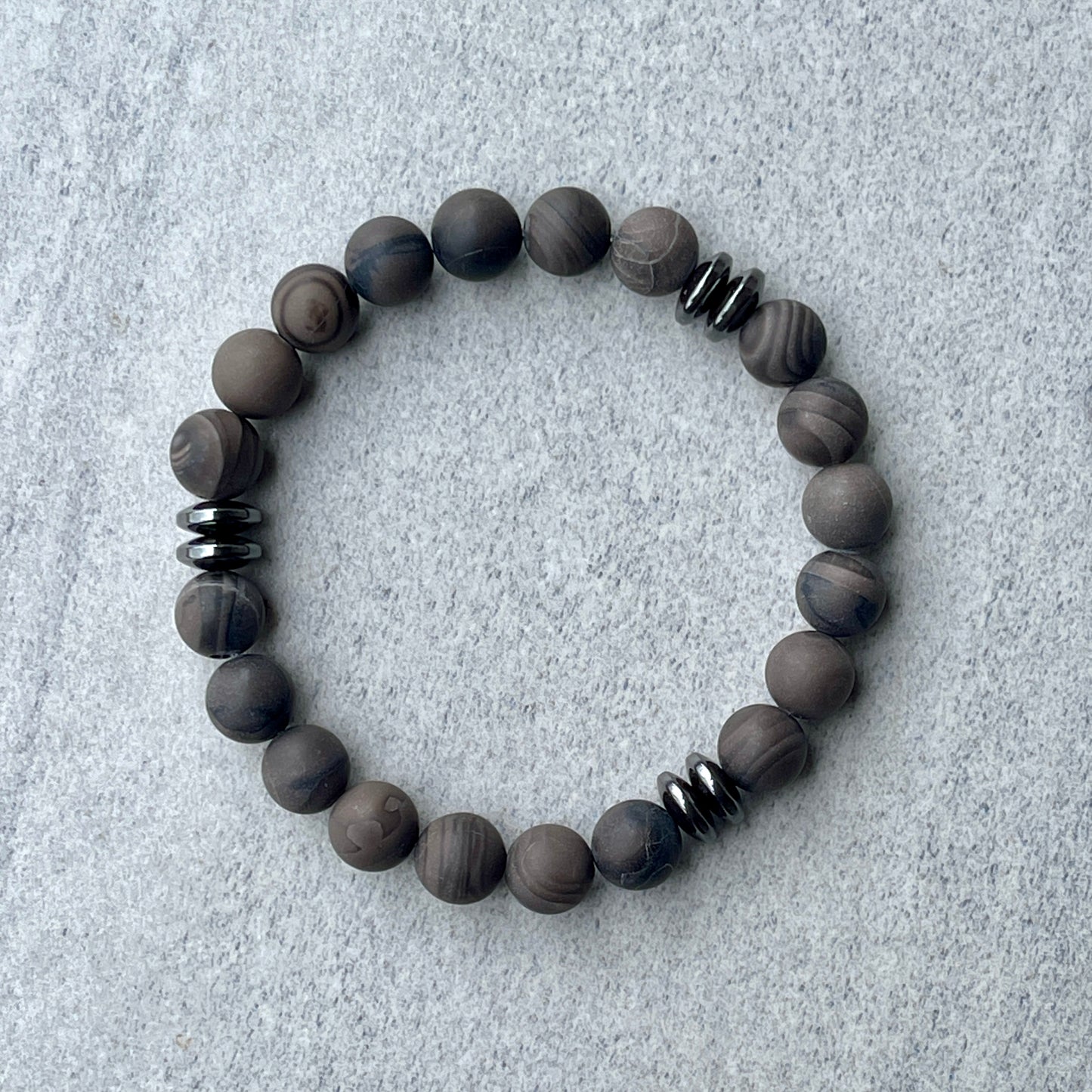 Matte Coffee Grain Jasper Beaded Bracelet with Black Hematite