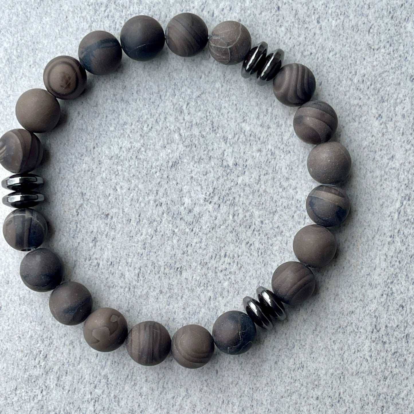 Matte Coffee Grain Jasper Beaded Bracelet with Black Hematite