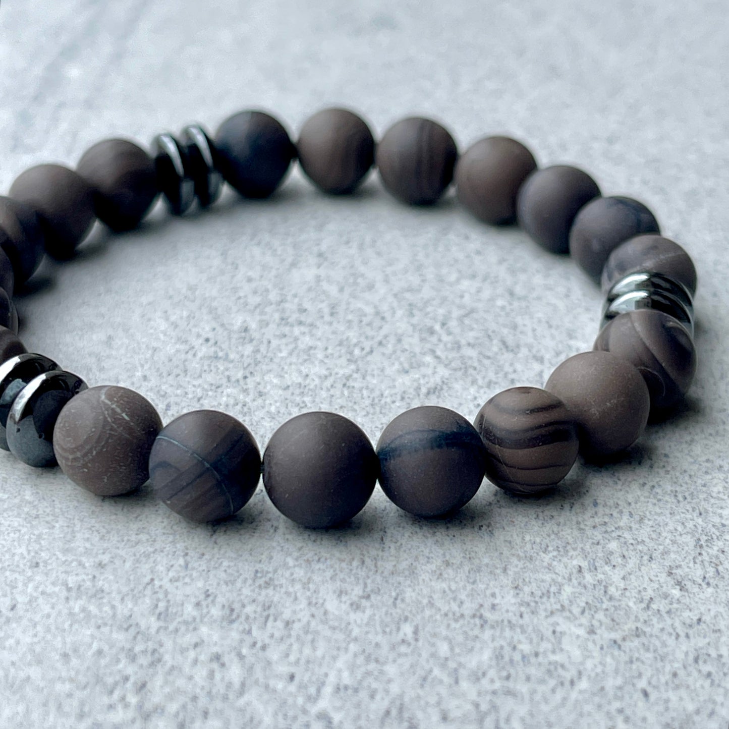 Matte Coffee Grain Jasper Beaded Bracelet with Black Hematite