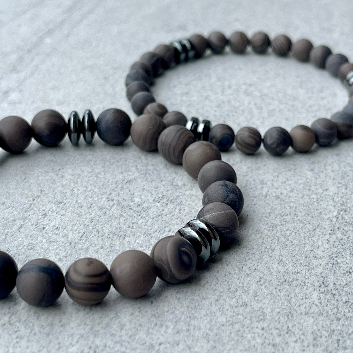 Matte Coffee Grain Jasper Beaded Bracelet with Black Hematite