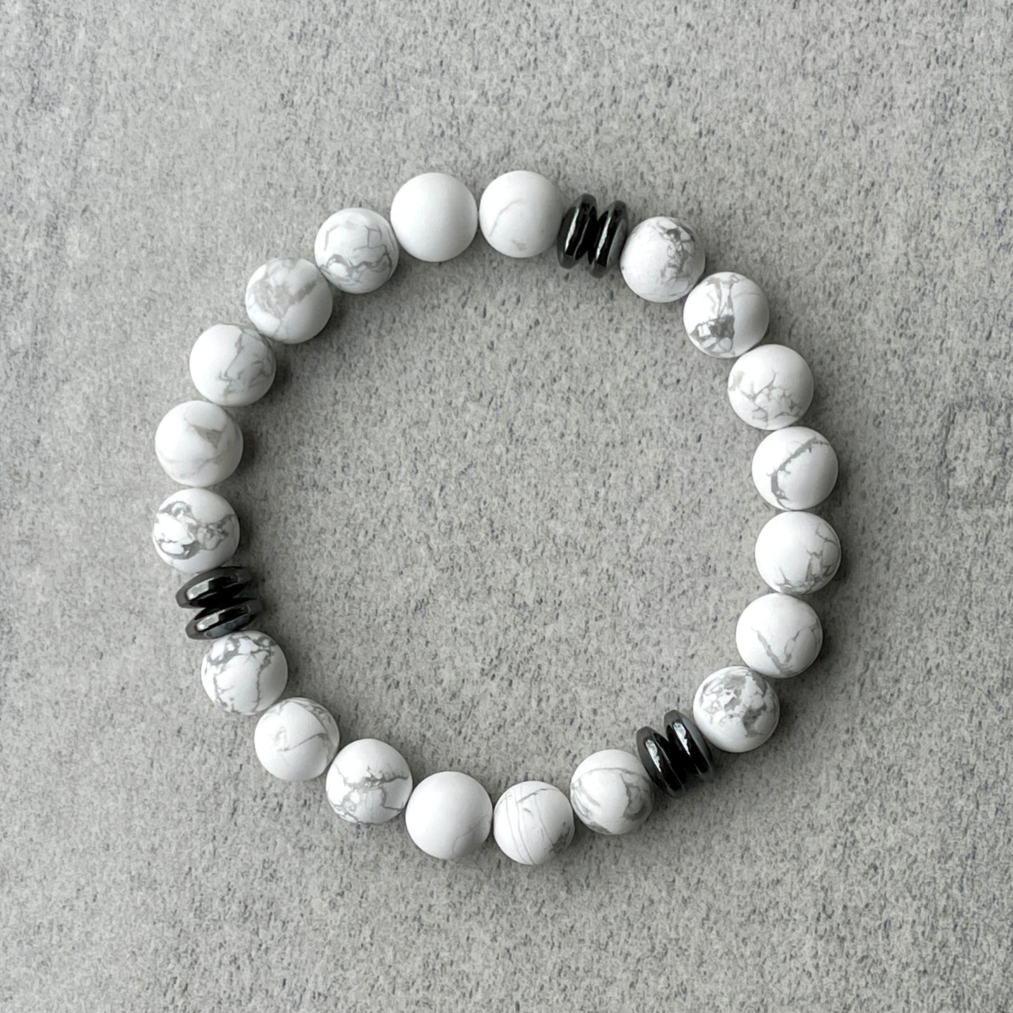 Matte White Howlite Beaded Bracelet with Black Hematite