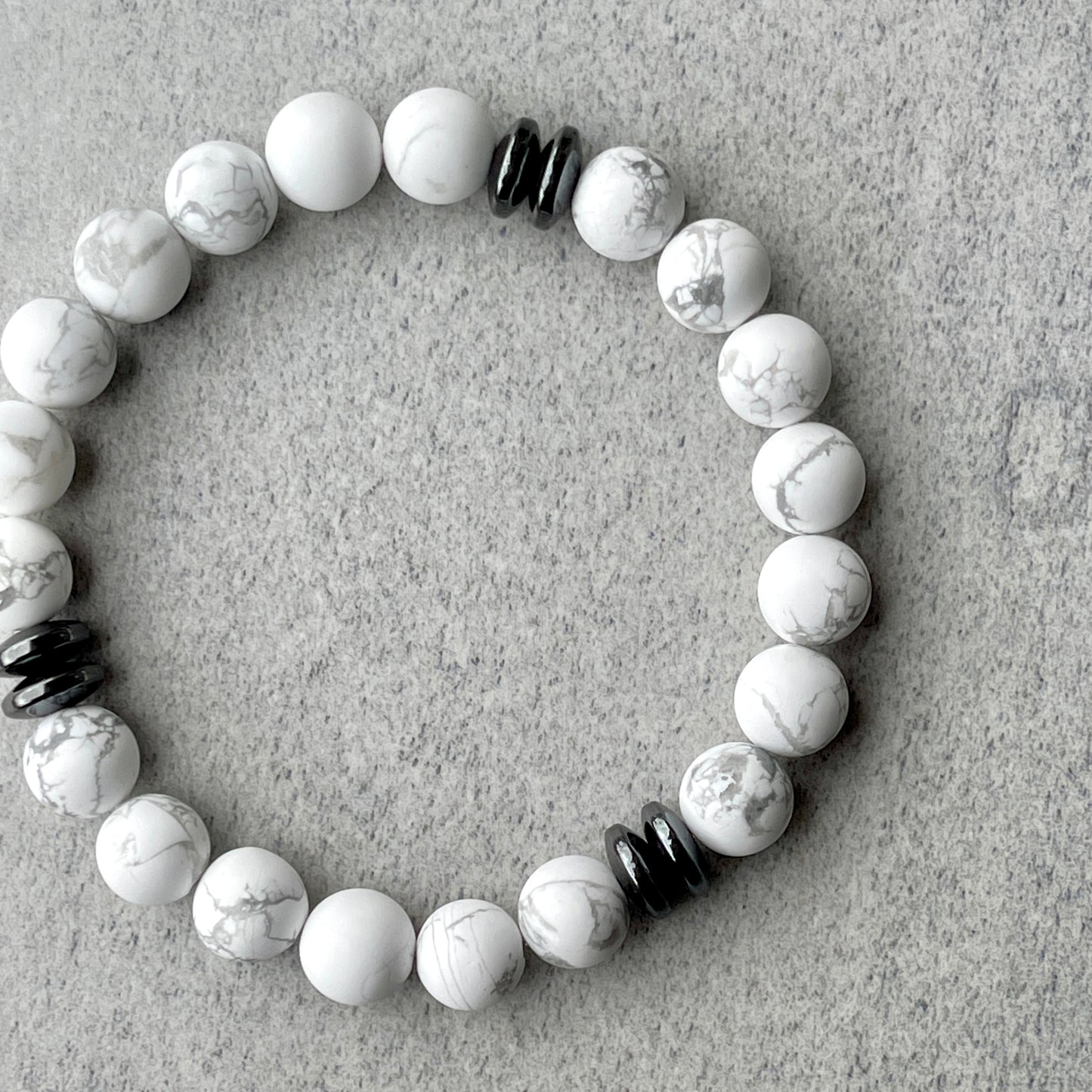 Matte White Howlite Beaded Bracelet with Black Hematite