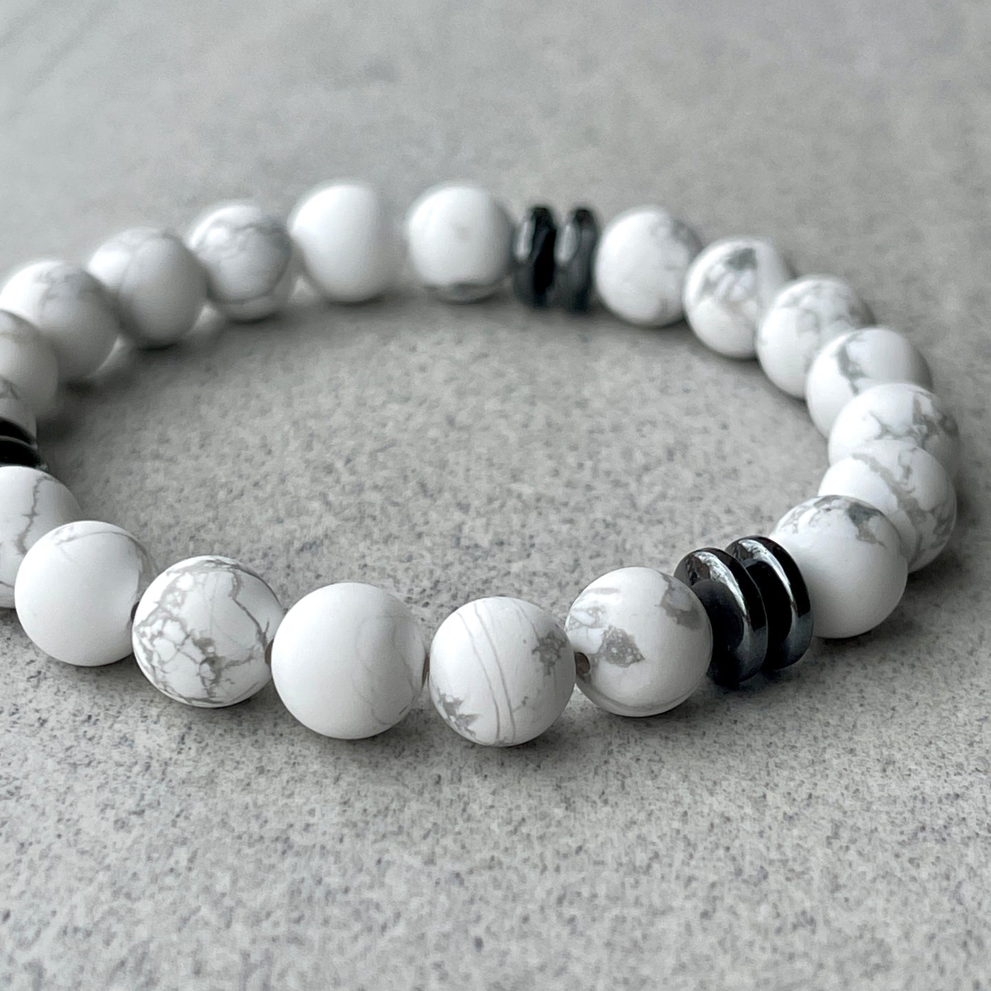 Matte White Howlite Beaded Bracelet with Black Hematite