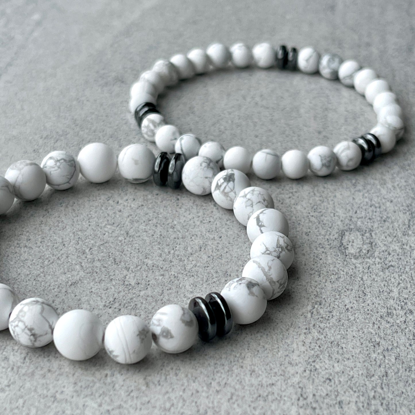 Matte White Howlite Beaded Bracelet with Black Hematite