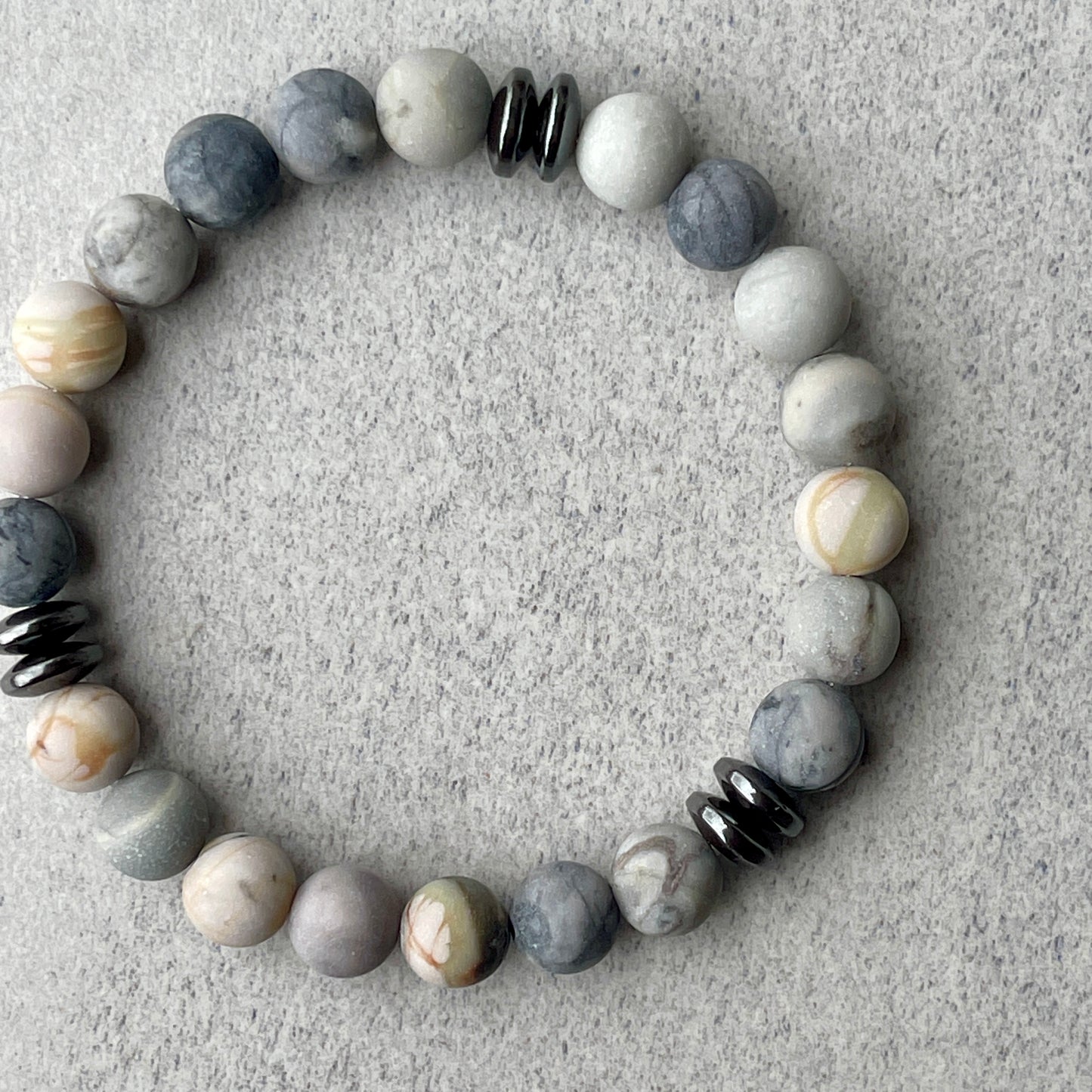 Matte Silver Picasso Jasper Beaded Bracelet with Black Hematite