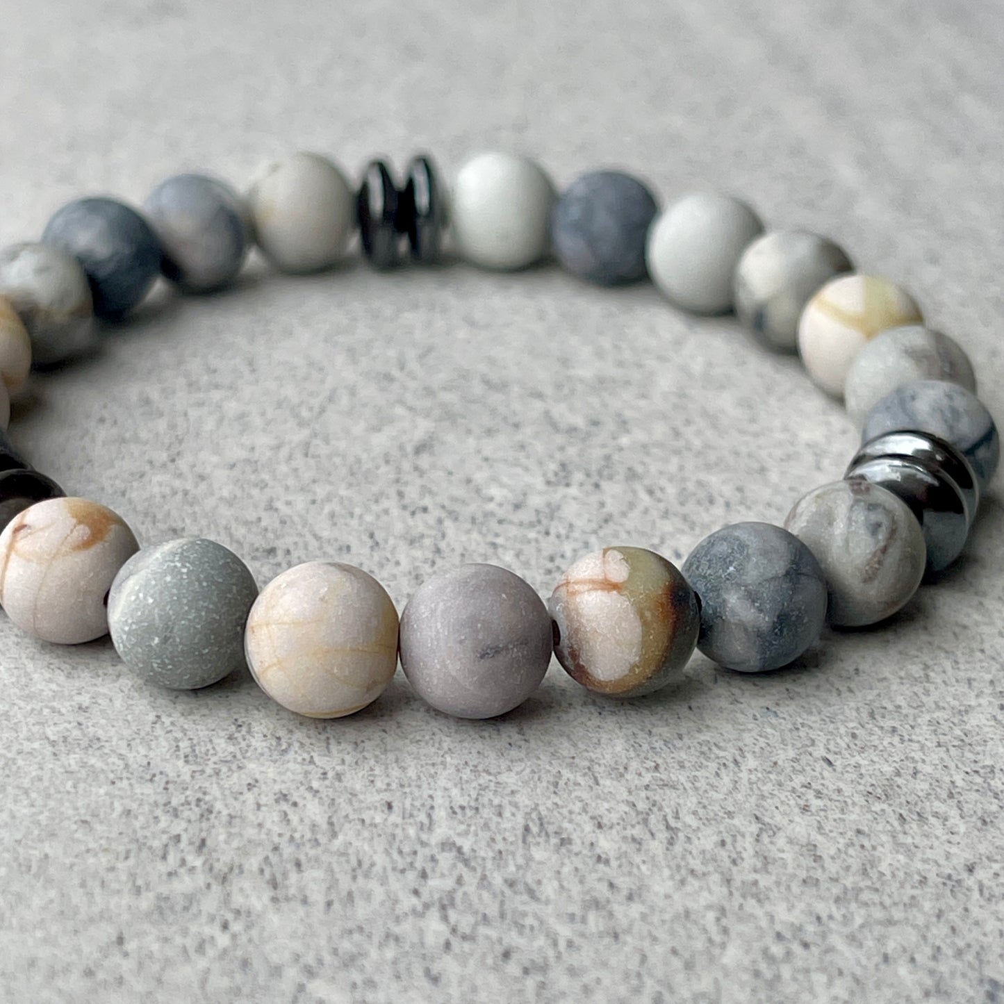 Matte Silver Picasso Jasper Beaded Bracelet with Black Hematite