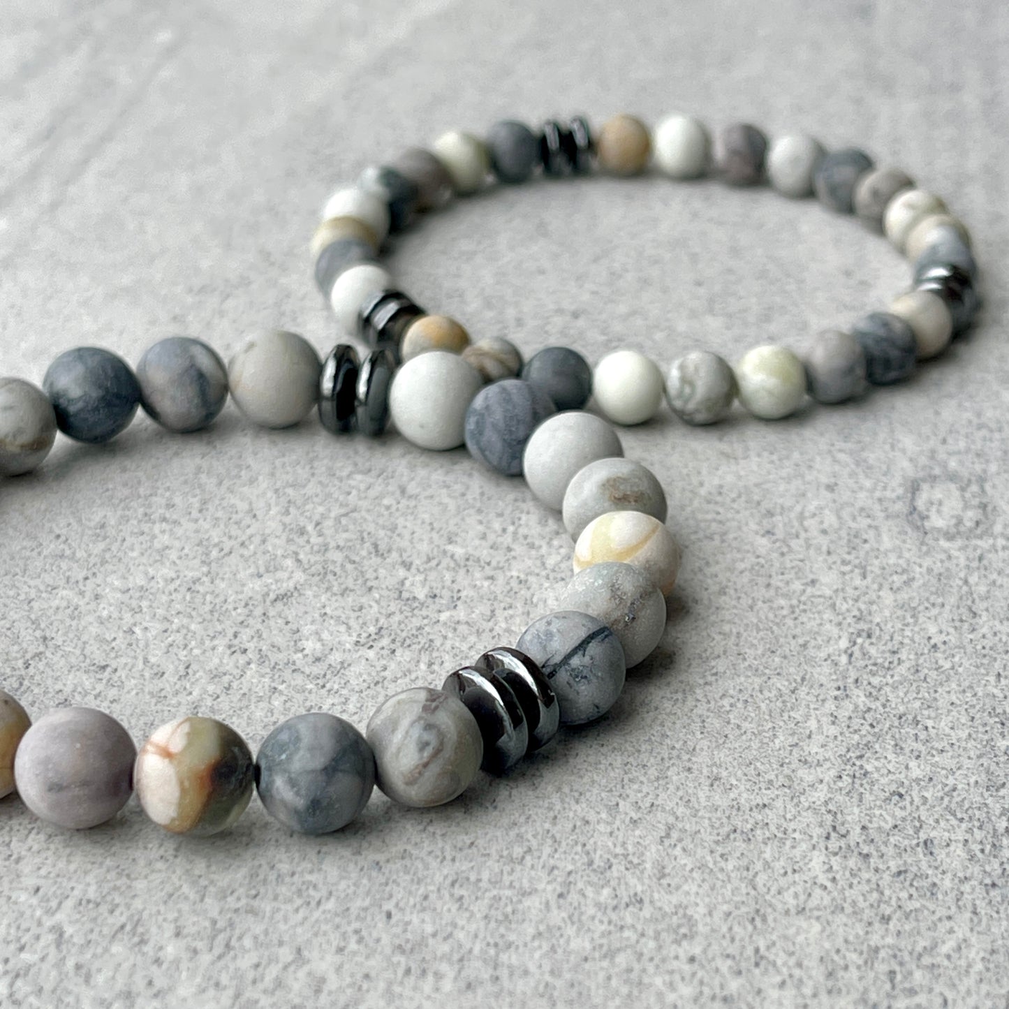 Matte Silver Picasso Jasper Beaded Bracelet with Black Hematite
