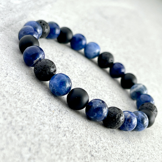 Blue Camo - Sodalite, Matte Onyx and Black Lava Beaded Bracelet
