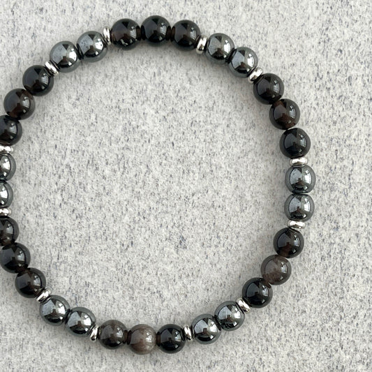Grey Obsidian and Hematite Beaded Bracelet