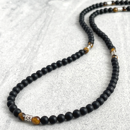 Matte Onyx Beaded Necklace with Faceted Yellow Tiger Eye and Sterling