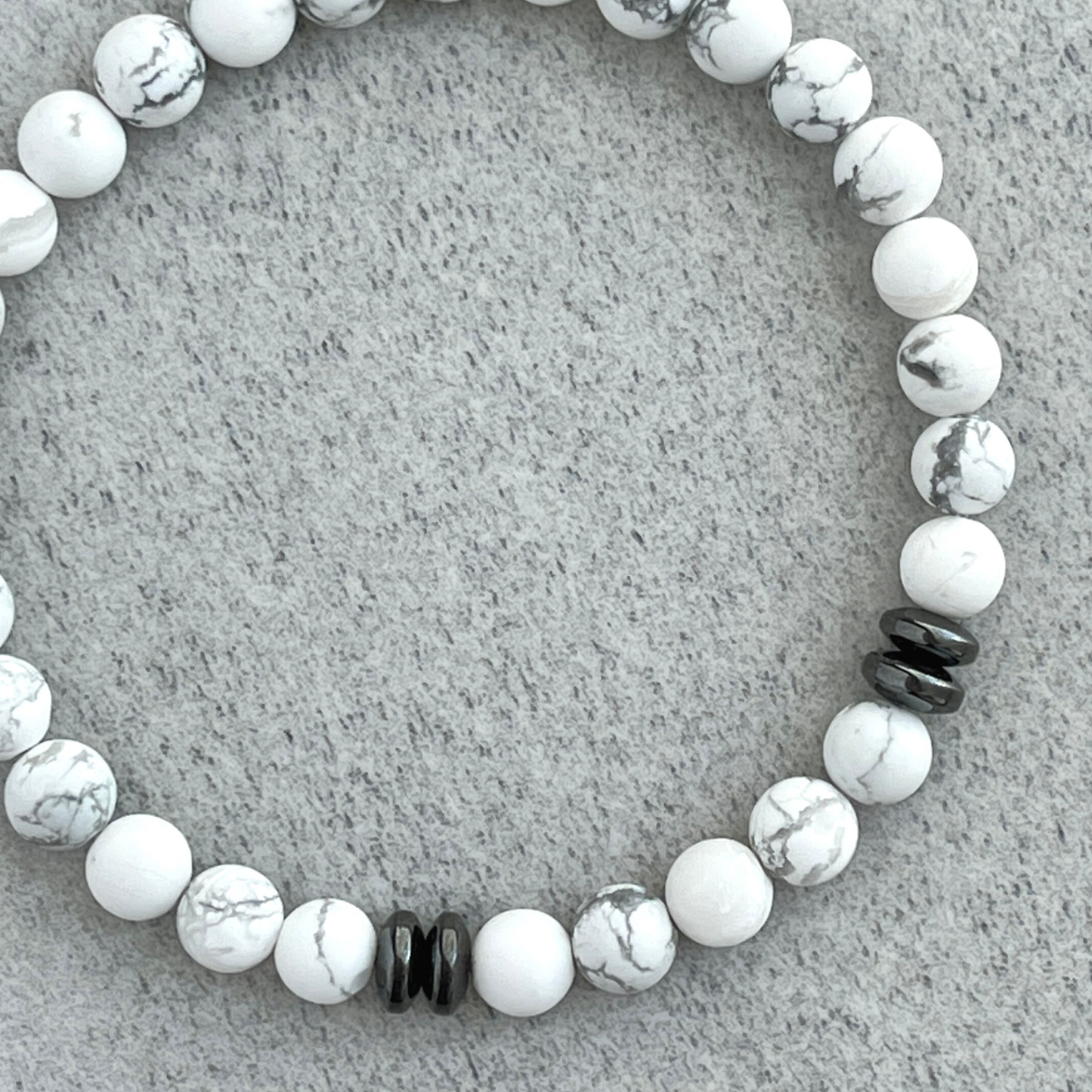 Matte White Howlite Beaded Bracelet with Black Hematite
