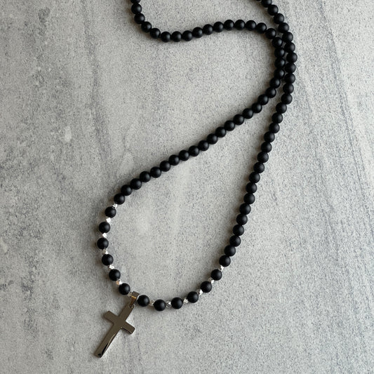 matte onyx beaded necklace with stainless steel cross for men