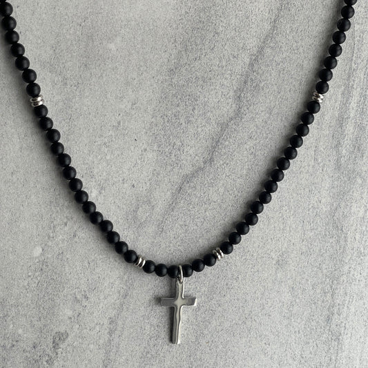 matte onyx with stainless steel cross beaded necklace for men