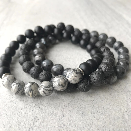 grey picasso jasper, black lava and larvikite triple beaded bracelet for men