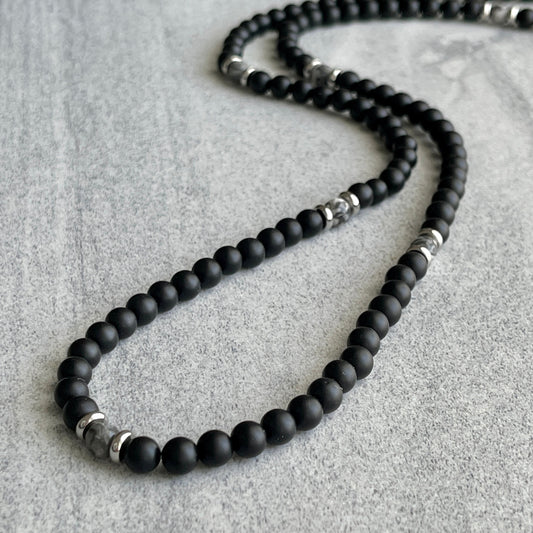 matte onyx with grey picasso jasper beaded necklace for men