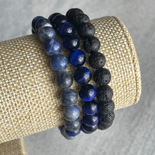sodalite, blue tiger eye and black lava triple beaded bracelet for men
