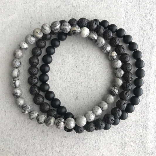 matte onyx, black lava and grey picasso jasper triple beaded bracelet for men