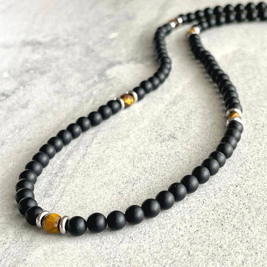 matte onyx with yellow tiger eye beaded necklace for men