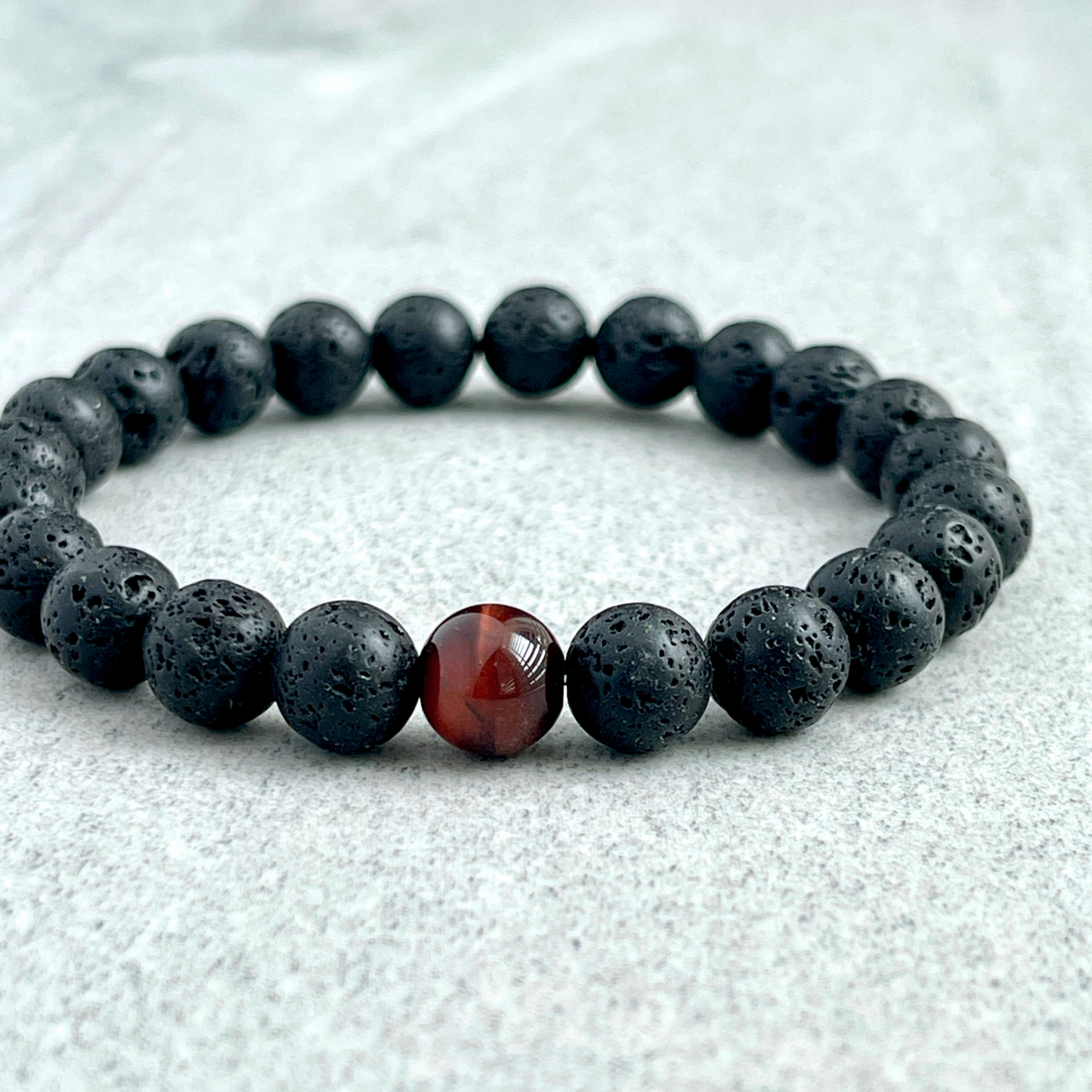 Black Lava and Single Red Tiger Eye Stretch Bracelet