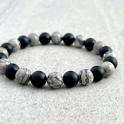 Map Jasper and Matte Onyx Beaded Bracelet