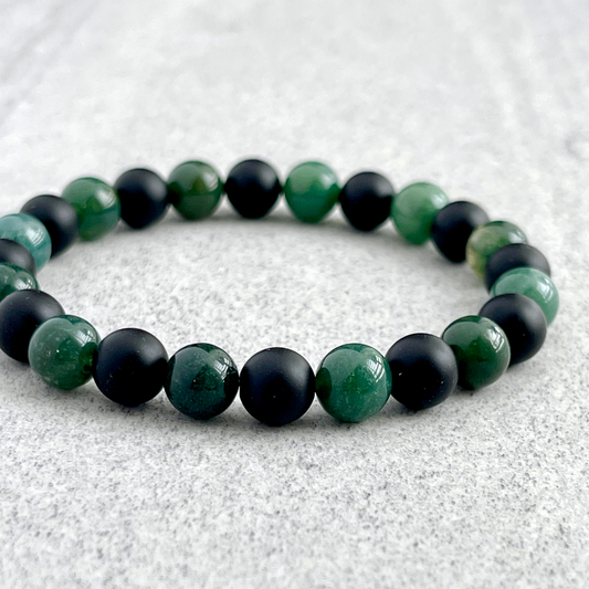 Moss Agate and Matte Onyx Beaded Bracelet