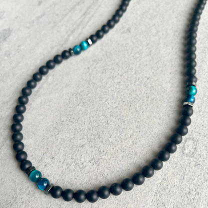 Matte Onyx Beaded Necklace with Aqua Blue Tiger Eye