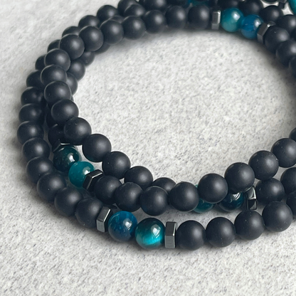 Matte Onyx Beaded Necklace with Aqua Blue Tiger Eye