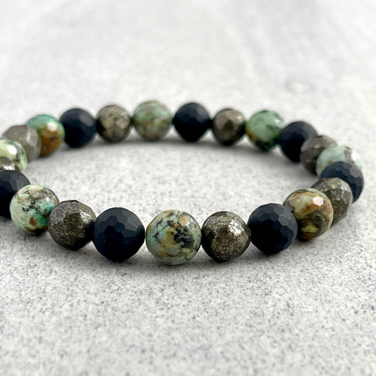 Faceted African Turquoise, Matte Onyx and Pyrite Beaded Bracelet