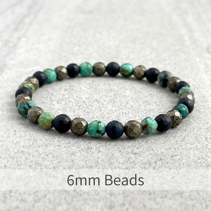 Faceted African Turquoise, Matte Onyx and Pyrite Beaded Bracelet