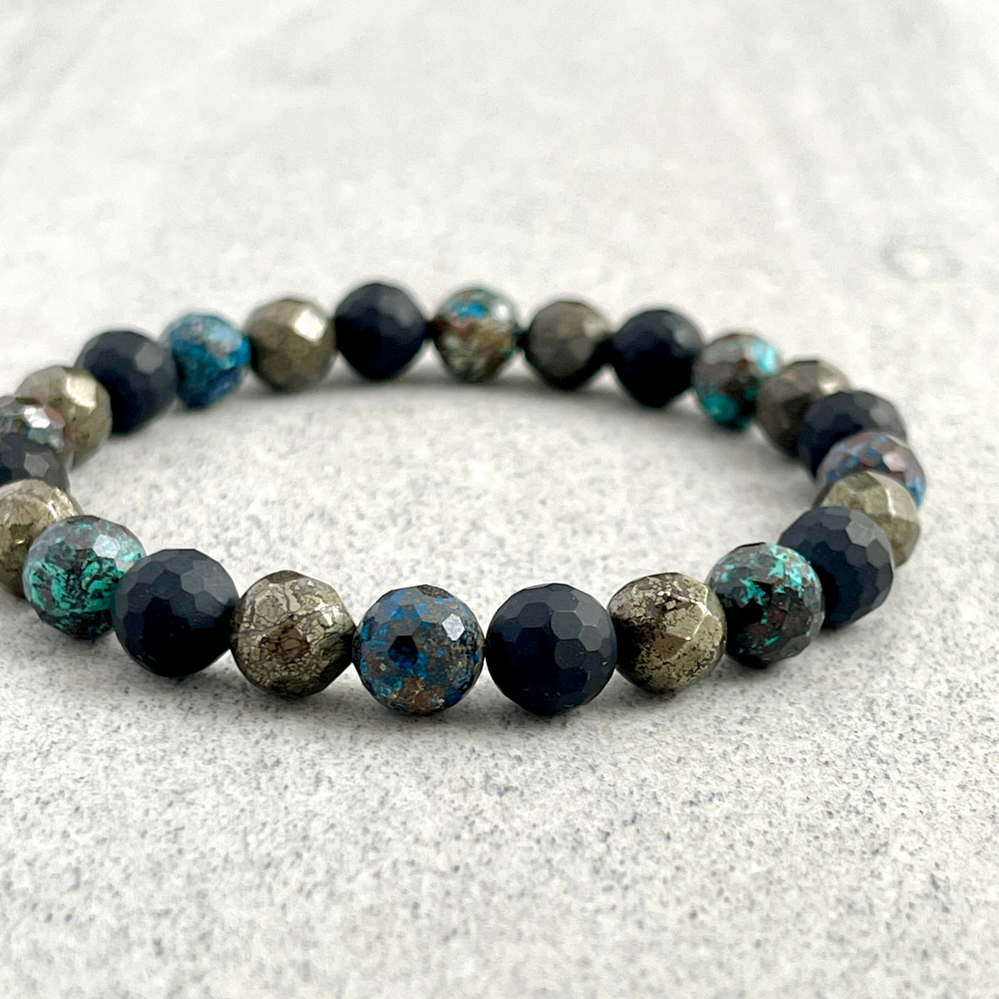 Faceted Natural Azurite, Matte Onyx and Pyrite Beaded Bracelet