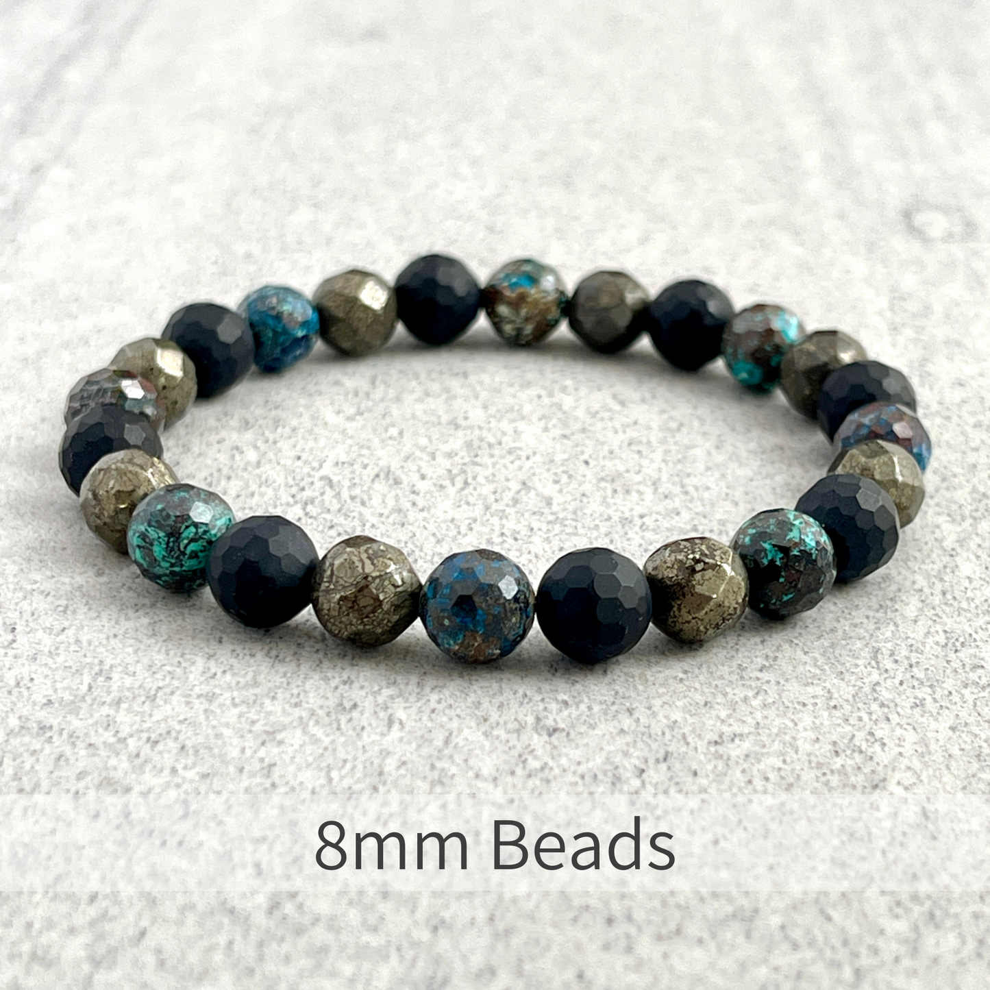 Faceted Natural Azurite, Matte Onyx and Pyrite Beaded Bracelet