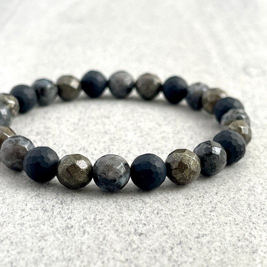 Faceted Black Labradorite, Matte Onyx and Pyrite Beaded Bracelet