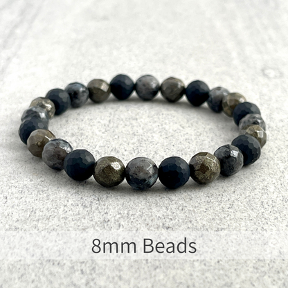 Faceted Black Labradorite, Matte Onyx and Pyrite Beaded Bracelet