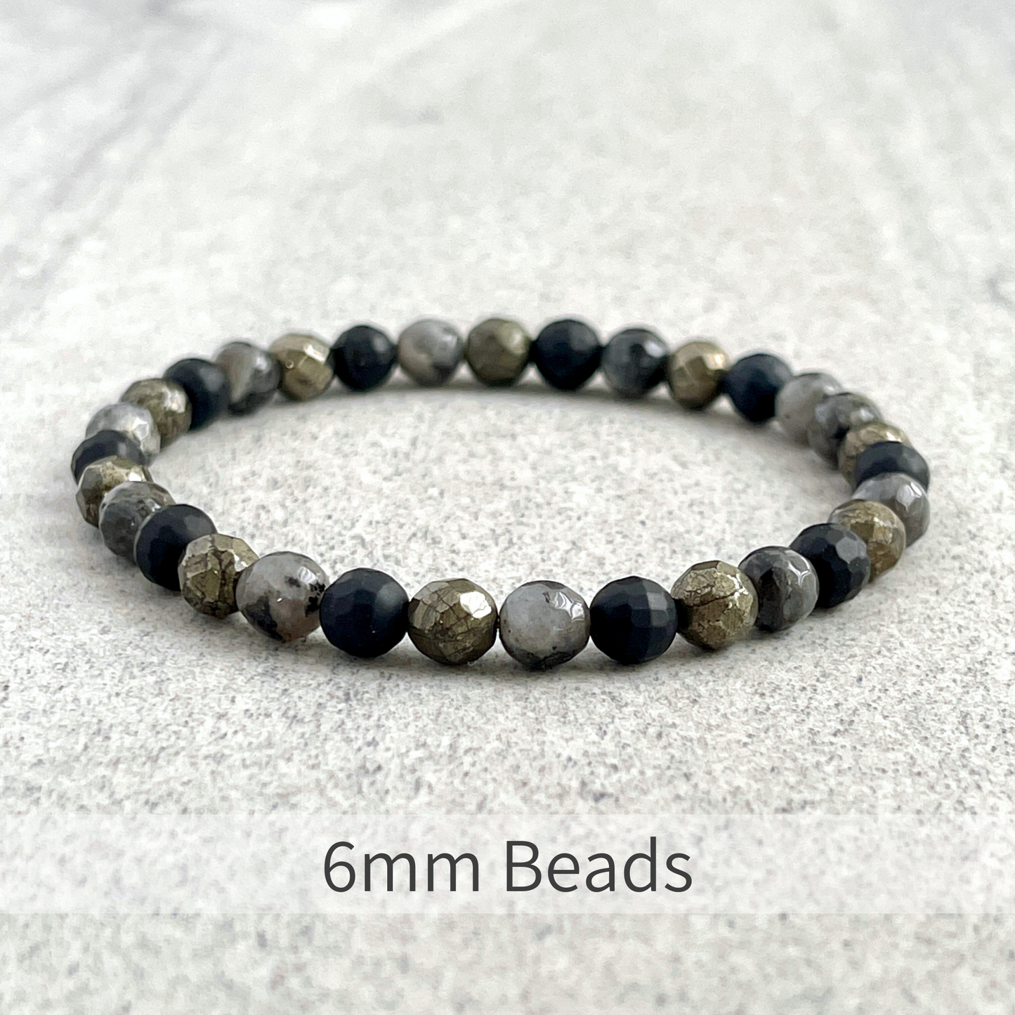 Faceted Black Labradorite, Matte Onyx and Pyrite Beaded Bracelet