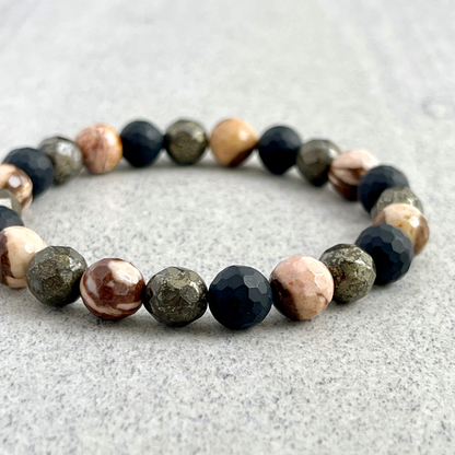 Faceted Brown Zebra Jasper, Matte Onyx and Pyrite Beaded Bracelet