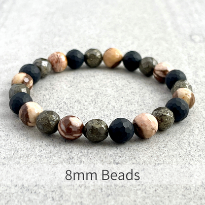 Faceted Brown Zebra Jasper, Matte Onyx and Pyrite Beaded Bracelet