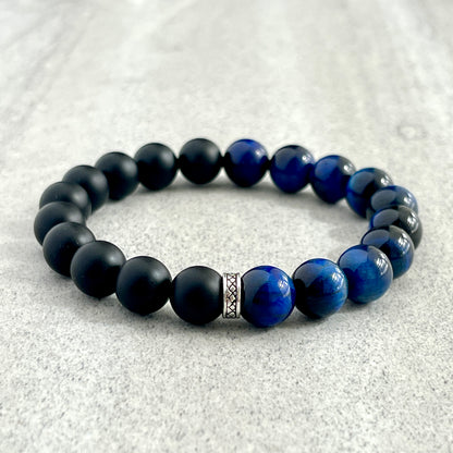 1/2 Matte Onyx and 1/2 Blue Tiger Eye Stretch Bracelet with Sterling Silver Spacer