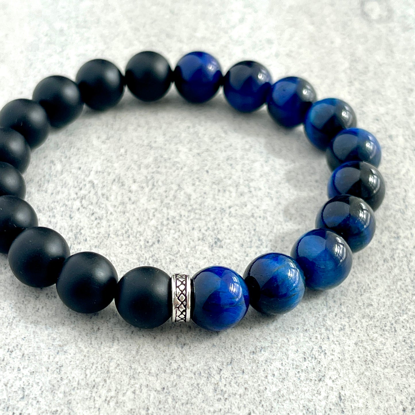 1/2 Matte Onyx and 1/2 Blue Tiger Eye Stretch Bracelet with Sterling Silver Spacer