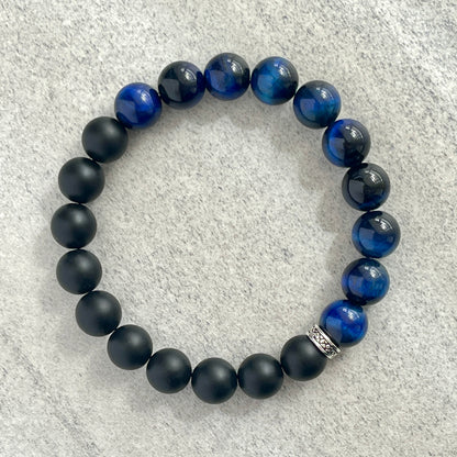 1/2 Matte Onyx and 1/2 Blue Tiger Eye Stretch Bracelet with Sterling Silver Spacer