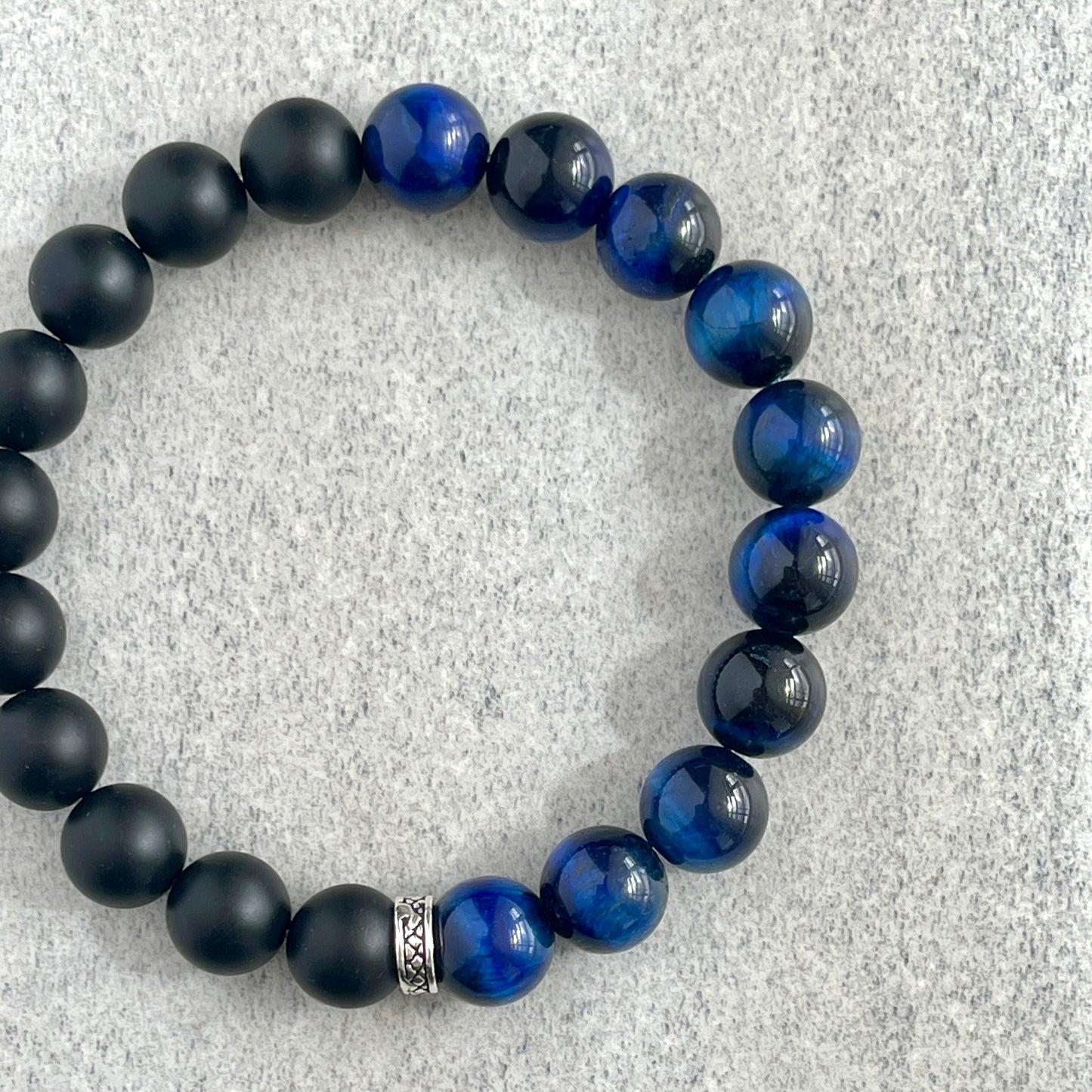 1/2 Matte Onyx and 1/2 Blue Tiger Eye Stretch Bracelet with Sterling Silver Spacer