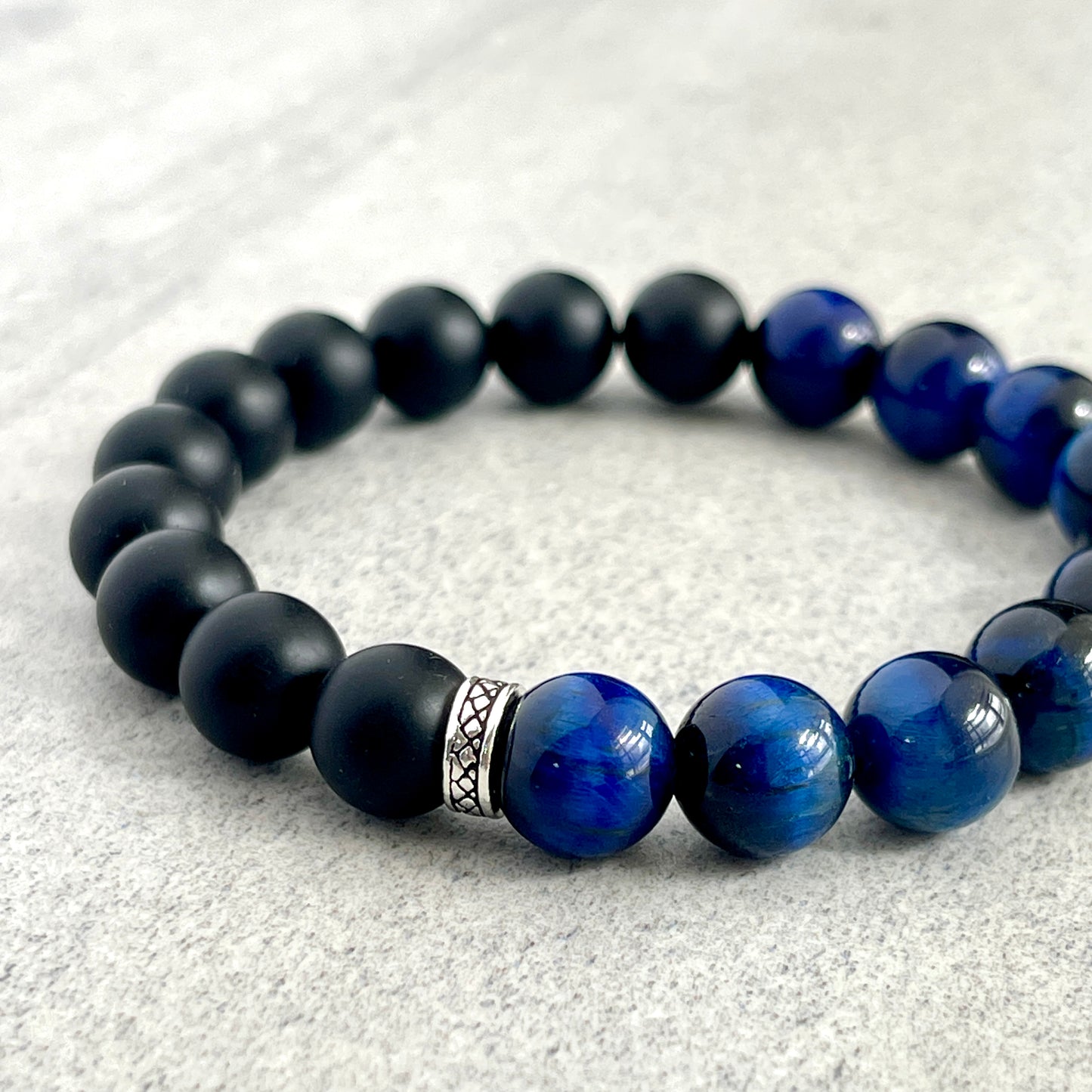 1/2 Matte Onyx and 1/2 Blue Tiger Eye Stretch Bracelet with Sterling Silver Spacer