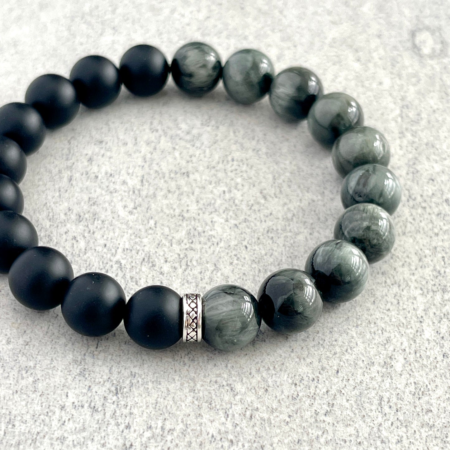 1/2 Matte Onyx and 1/2 Chrysoberyl Stretch Bracelet with Sterling Silver Spacer