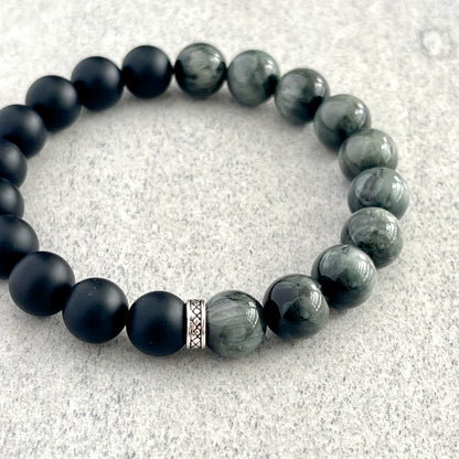 1/2 Matte Onyx and 1/2 Chrysoberyl Stretch Bracelet with Sterling Silver Spacer