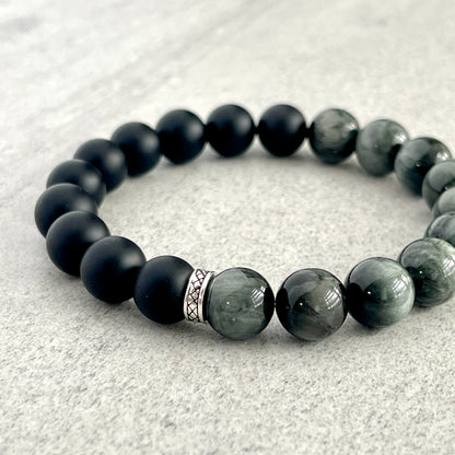 1/2 Matte Onyx and 1/2 Chrysoberyl Stretch Bracelet with Sterling Silver Spacer